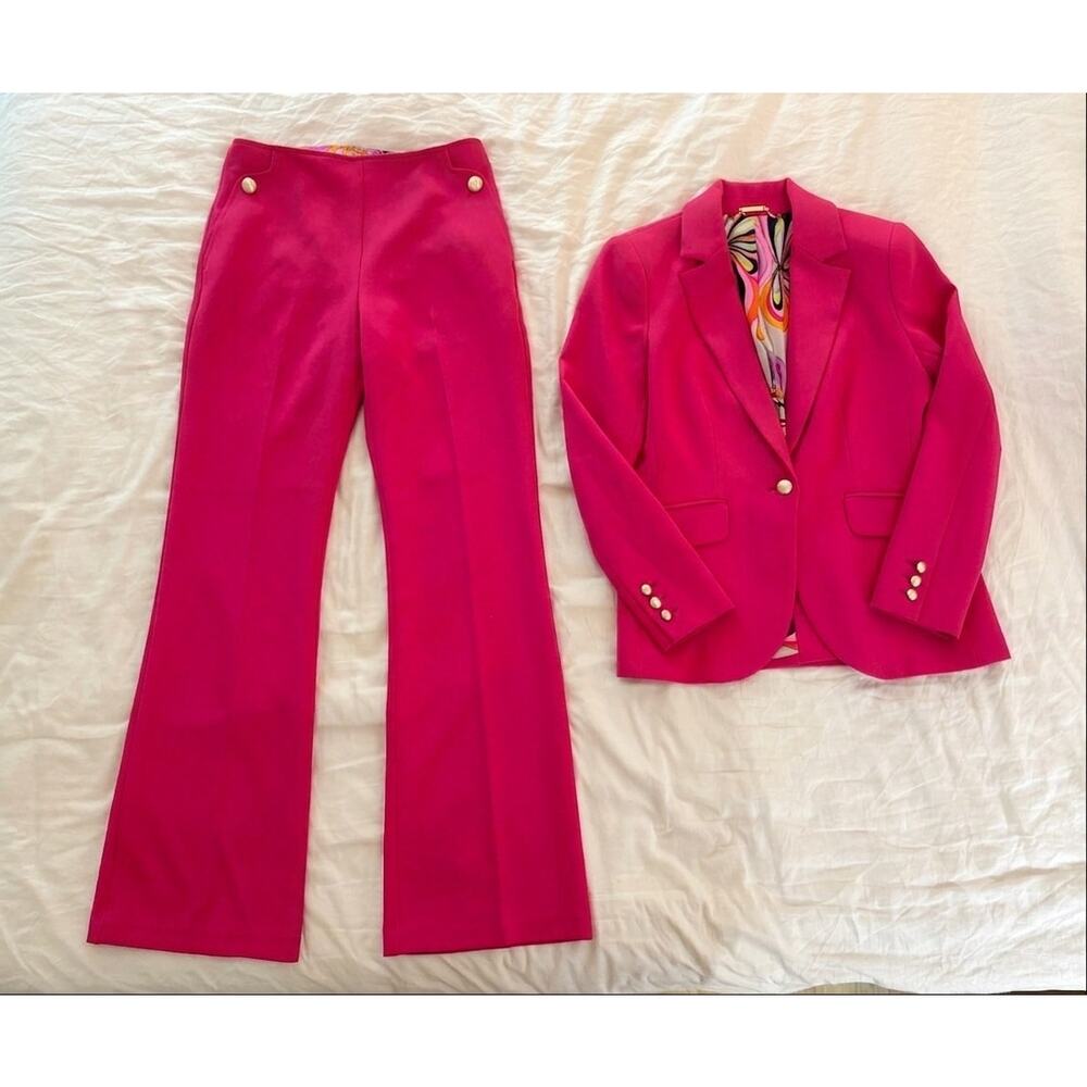 Trina Turk Pink Power Suit Blazer Wide Leg Flare Pant Set Gold Button Retro Mod - Picture 2 of 15